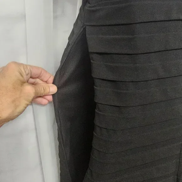 Maggy London Black Sheer Mesh Pleated Cocktail Dress Party Bodycon 8 - Picture 9 of 12